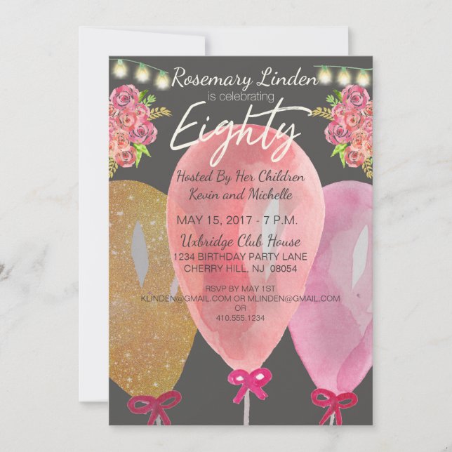 80:e födelsedagsbubblor Blommor och Ljus Inbjudan (Framsida)