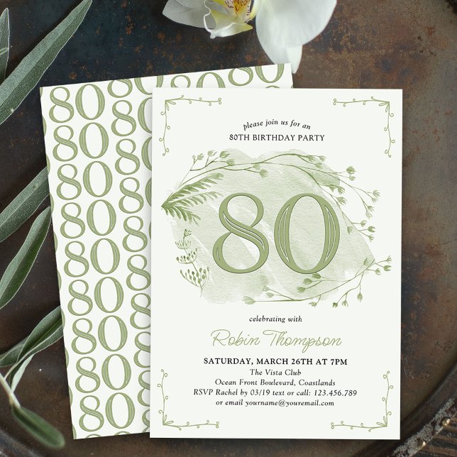 80:e födelsedagsdagen Grönt Dainty Wildblomma numm Inbjudningar (80th Birthday Invitation - buy professionally printed or as digital download for printing or sharing)