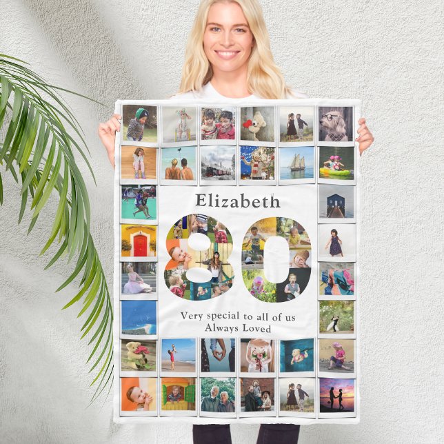 80:e födelsedagsfamiljens fotomall fleecefilt (Personalized 80th birthday white fleece blanket with family photo collage template.)