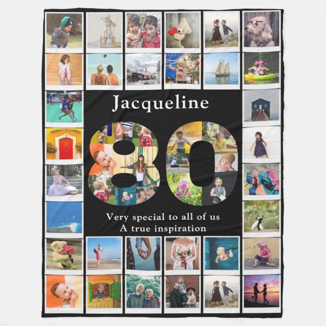 80:e födelsedagsfamiljens fotomall stor fleecefilt (Framsidan)