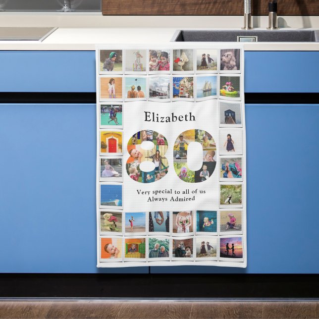 80:e födelsedagsfamiljens fotosamlingsmall kökshandduk (Personalized 80th birthday kitchen towel with family photo collage template.)