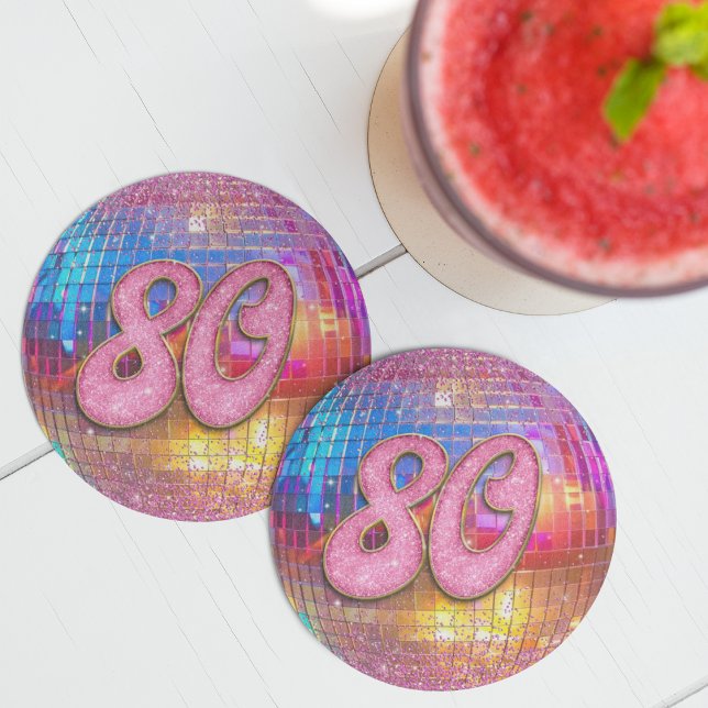 80:e Födelsedagsfest Guld Rosa Glitter Disco Boll Underlägg Papper Rund (Skapare uppladdad)