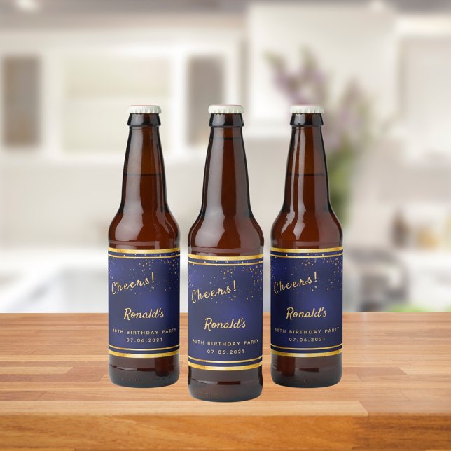 80:e Födelsedagsfesten Blåblåfenade guld-tuber Ölflaska Etikett (Skapare uppladdad)