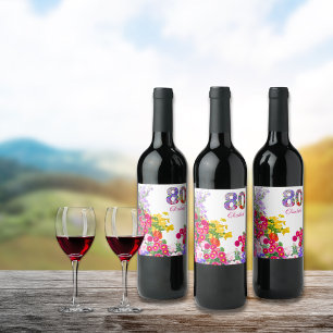 80:e födelsedagsfesten: Blombukett vin Vinflaska Etikett