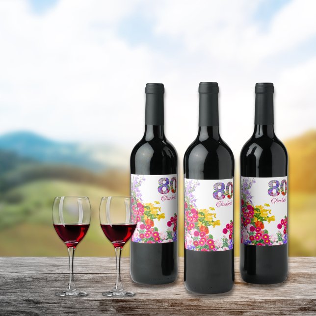 80:e födelsedagsfesten: Blombukett vin Vinflaska Etikett (Skapare uppladdad)