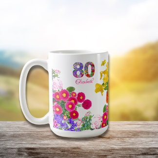 80:e födelsedagsfesten blommigt buquet kaffe mugg