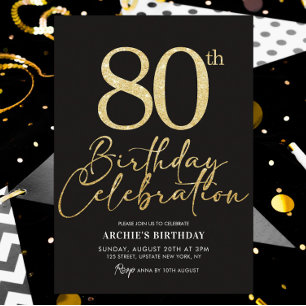 80:e Födelsedagsfesten Elegant Black & Guld Glitte Inbjudningar