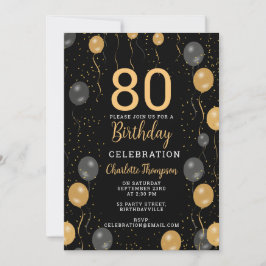 80:e Födelsedagsfesten elegant Black & Guld Inbjudningar