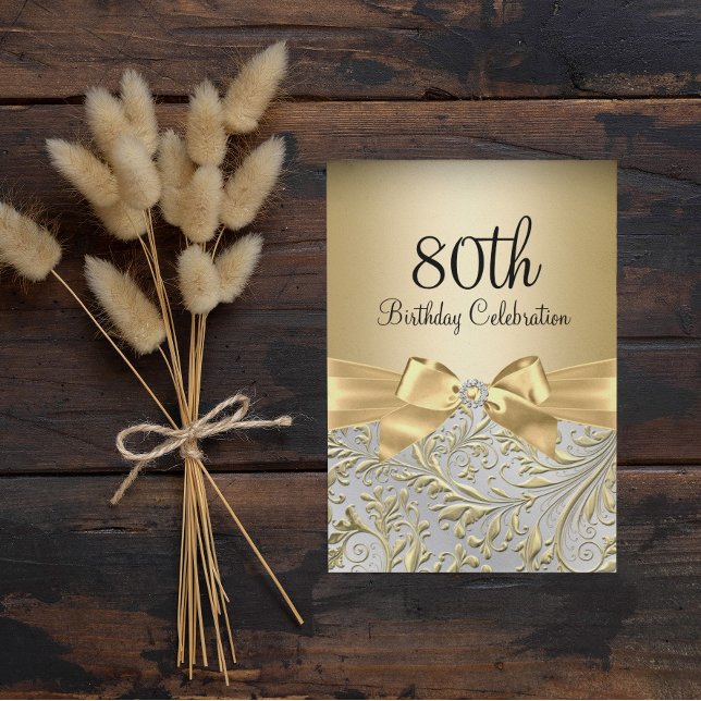 80:e Födelsedagsfesten Elegant Guld Bow Blommigt S Inbjudningar (Skapare uppladdad)