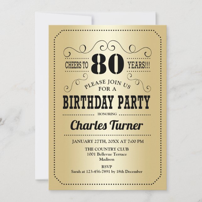 80:e Födelsedagsfesten - Guld Black Inbjudningar (Framsida)