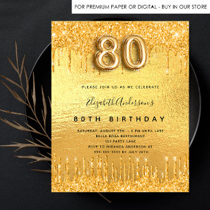 80:e födelsedagsfesten guld glitter droppar inbjudan vykort