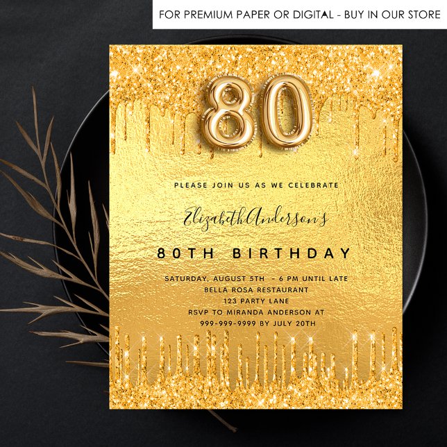 80:e födelsedagsfesten guld glitter droppar inbjudan vykort (Skapare uppladdad)