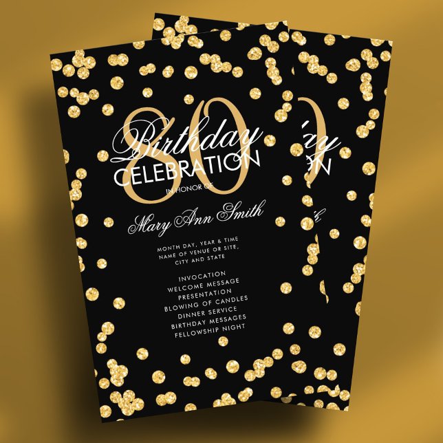 80:e Födelsedagsfesten Guld Glitter w/ Menu Flygblad (80th Birthday Party Program Gold Glitter w/ Menu Flyer)
