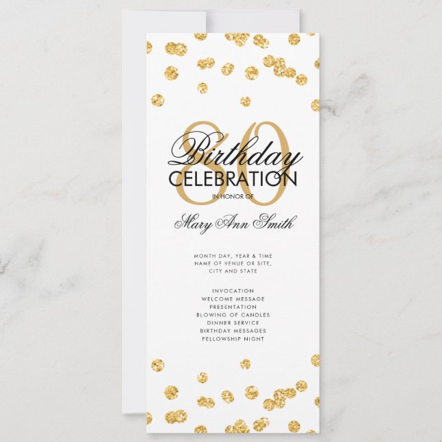 80:e Födelsedagsfesten Guld Glitter w/ Menu Inbjudningar (Framsida)