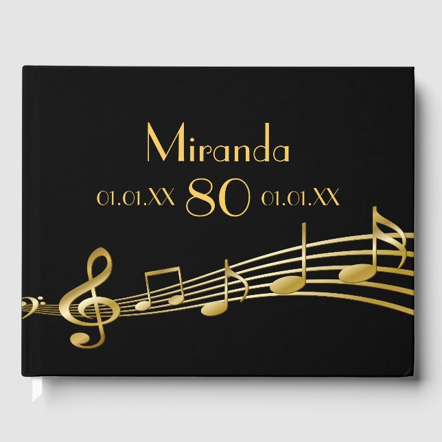 80:e födelsedagsfesten guld musik noter på svart gästböcker (Framsida)
