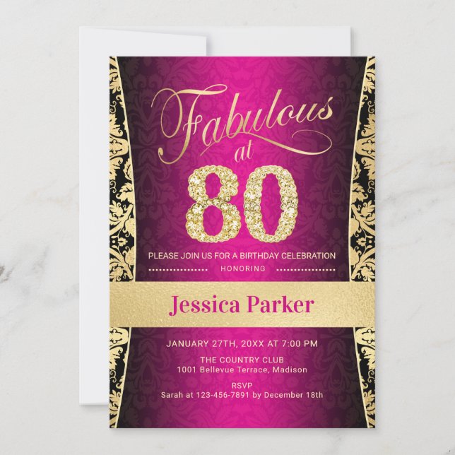 80:e Födelsedagsfesten - Guld Rosa Black Inbjudningar (Framsida)
