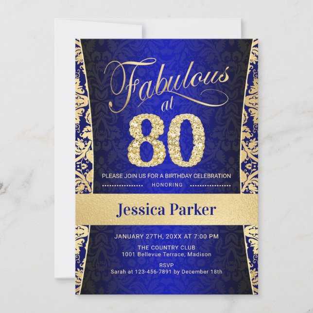 80:e Födelsedagsfesten - Guld Royal Blue Inbjudningar (Framsida)