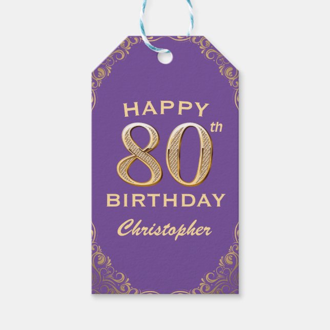 80:e Födelsedagsfesten Lila och Guld Glitter Ram Presentetikett (Framsidan)