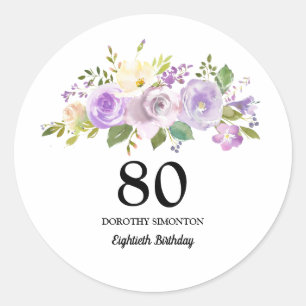 80:e Födelsedagsfesten Lila Ro Blommigt Runt Klistermärke