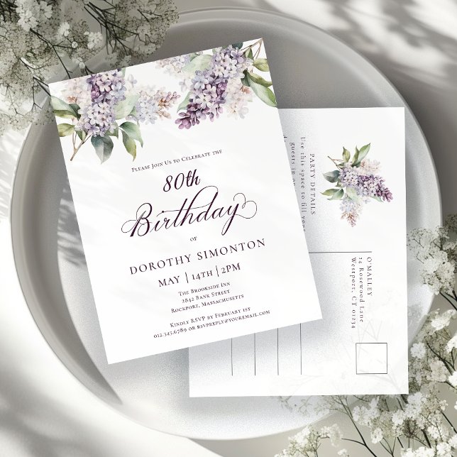 80:e Födelsedagsfesten Lila Vår Lilac Flower Inbjudan Vykort (Skapare uppladdad)