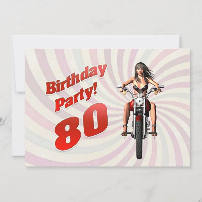 80:e födelsedagsfesten med en tjej på motorcykel inbjudningar (Framsida)