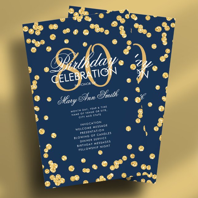 80:e Födelsedagsfesten-programmet Guld Navy Glitte Flygblad (80th Birthday Party Program Gold Navy Glitter Menu Flyer)