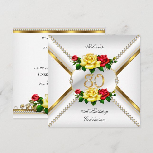 80:e Födelsedagsfesten Röda Gul ros Inbjudningar (Fram/baksida)
