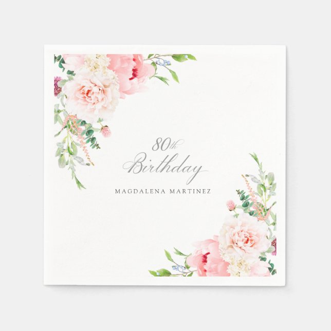 80:e Födelsedagsfesten Rosa Blommigt Anpassningsba Pappersservett (Framsidan)