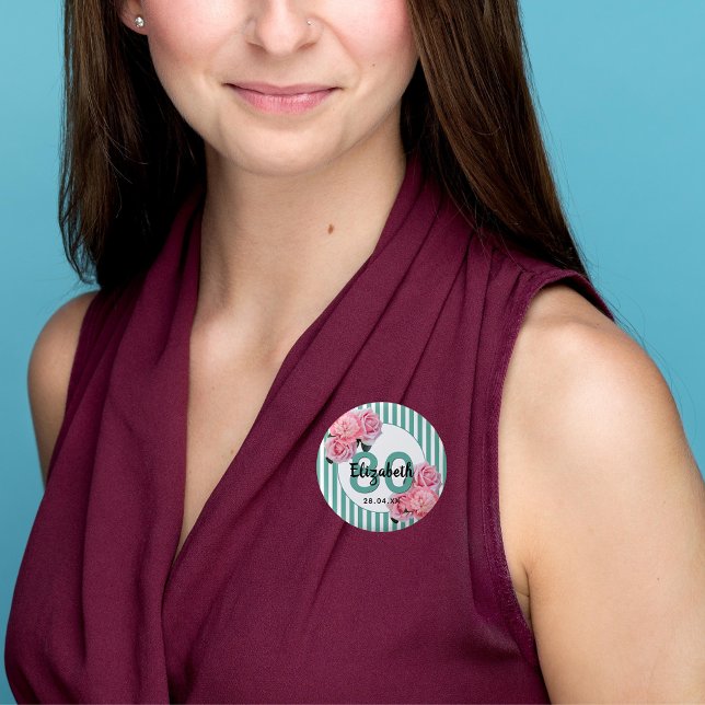 80:e födelsedagsfesten rosa blommor teal rand knapp (Skapare uppladdad)