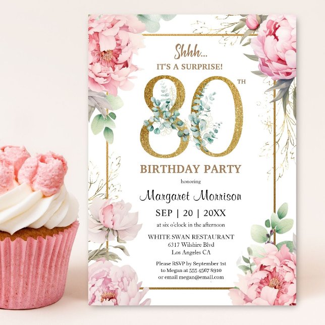80:e Födelsedagsfesten Rosa Peony Elegant Blommigt Inbjudningar (Skapare uppladdad)
