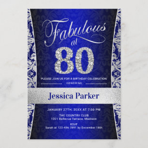 80:e Födelsedagsfesten - Silver Royal Blue Inbjudningar