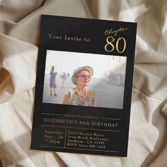 80:e Födelsedagsfesten svart foto, 80:e Guld Inbjudningar (80th birthday party invitation in black and gold with photo on a cloth background)