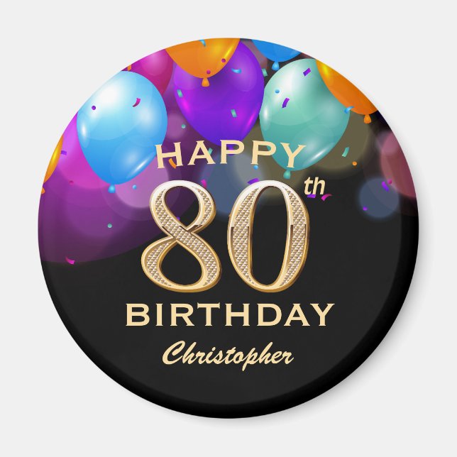 80:e Födelsedagsfesten Svart och Guld-ballonger Magnet (Framsidan)