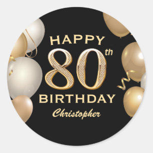 80:e Födelsedagsfesten Svart och Guld-ballonger Runt Klistermärke