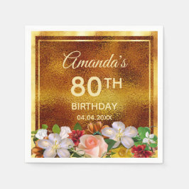 80:e födelsedagsfesten vita blommor från guld, ros pappersservett