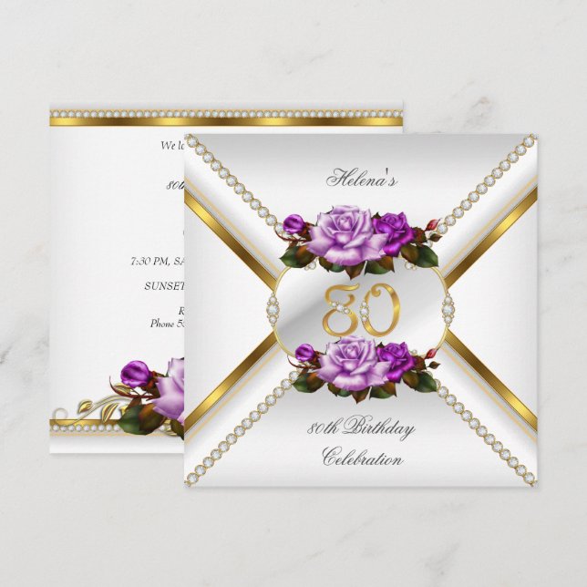 80:e Födelsedagsfesten Vita Guld Lilac Ro Inbjudningar (Fram/baksida)