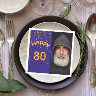 80:e födelsedagsfestens blå guld-foto pappersservett