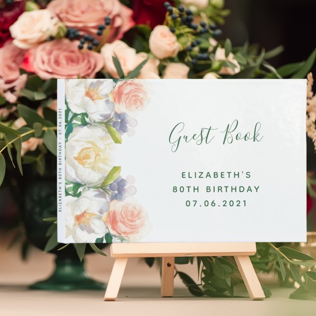 80:e födelsedagsfestens blommigtar vit  rosa gästböcker (Skapare uppladdad)