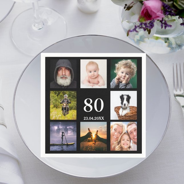 80:e födelsedagsfestens fotokollage-killar svarta pappersservett (Skapare uppladdad)