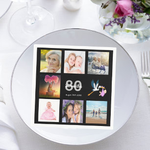 80:e födelsedagsfestens fotokollage svart pappersservett