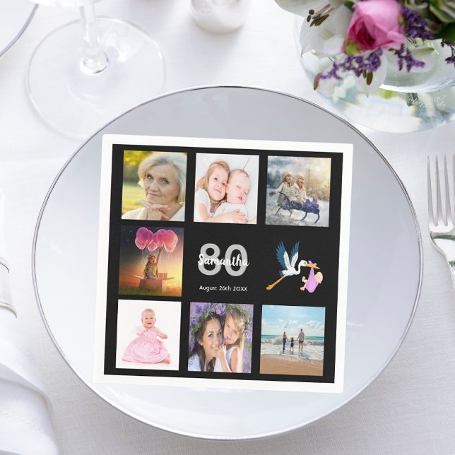80:e födelsedagsfestens fotokollage svart pappersservett (Skapare uppladdad)