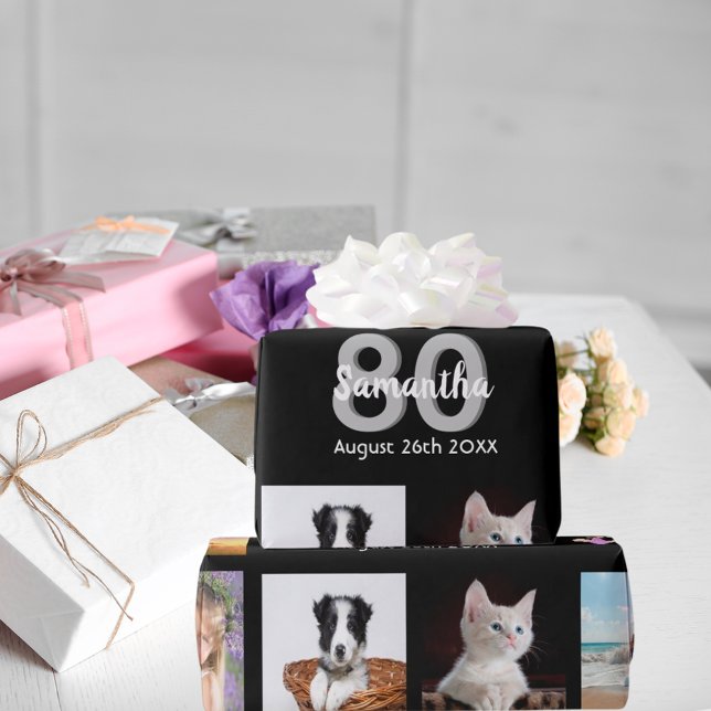 80:e födelsedagsfestens fotosamlingskvinna svart presentpapper (Skapare uppladdad)