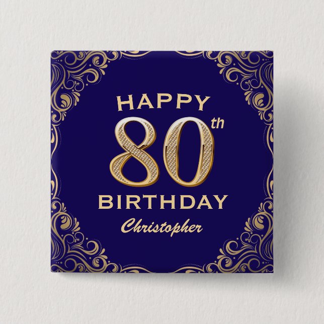 80:e Födelsedagsfestens marinblått och Guld Glitte Knapp (Framsida)