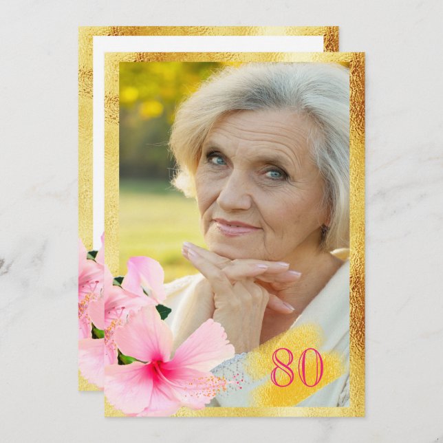 80:e födelsedagsfestens rosa blommigt, vit foto inbjudningar (Fram/baksida)