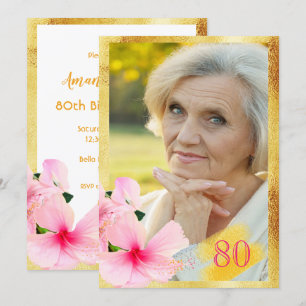 80:e födelsedagsfestens rosa blommigt, vit foto inbjudningar