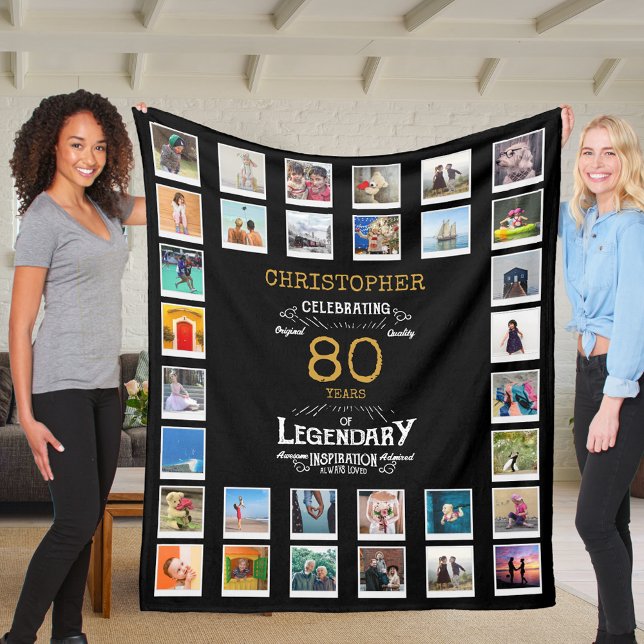 80:e födelsedagsfoto, svart, Guld-legendary Fleecefilt (Personalized 80th birthday gift fleece blanket with 32 photos of your choice)