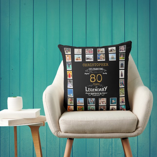 80:e födelsedagsfoto, svart, Guld-legendary Kudde (Personalized 80th birthday gift throw pillow with 32 photos of your choice)