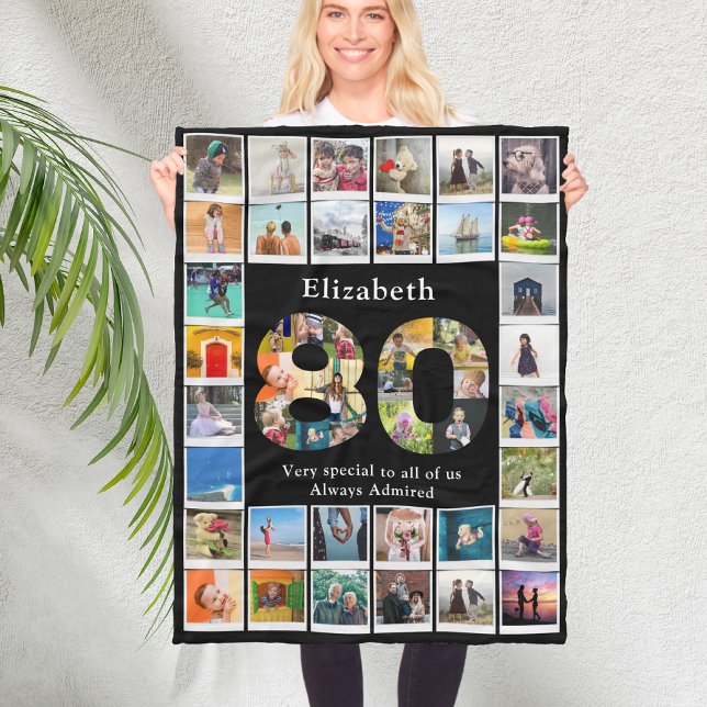 80:e födelsedagsfotomall fleecefilt (Black personalized 80th birthday fleece blanket with family photo collage template.)
