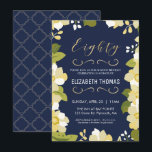 80:e födelsedagsinbjudan, Anpassa Blommigt med Gul Inbjudningar<br><div class="desc">Denna moderna och söt 80-årsinbjudan visar blommigt gräns och ord "åttio" i guld. Bakgrunden är ett marint blått färg, men kan anpassas till vilket färg som helst. Baksidan av inbjudan omfattar ett guld quatrefolielände mönster med en passande blå bakgrund som också kan bytas ut. Texten är anpassadet för ditt speciella...</div>