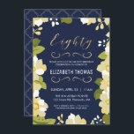 80:e födelsedagsinbjudan, Anpassa Blommigt med Gul Inbjudningar<br><div class="desc">Denna moderna och söt 80-årsinbjudan visar blommigt gräns och ord "åttio" i guld. Bakgrunden är ett marint blått färg, men kan anpassas till vilket färg som helst. Baksidan av inbjudan omfattar ett guld quatrefolielände mönster med en passande blå bakgrund som också kan bytas ut. Texten är anpassadet för ditt speciella...</div>